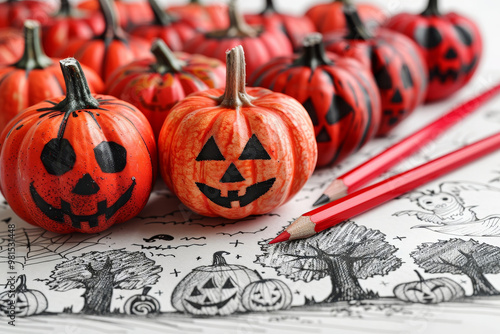 A collection of vibrant, painted pumpkins with cheerful, spooky faces is arranged in front of an illustrated Halloween-themed backdrop featuring trees, bats, and other seasonal motifs. photo