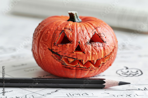 A carved pumpkin featuring a spooky face sits atop a table scattered with sketch papers and pencils. The artwork reflects Halloween spirit, showcasing creativity and festive fun. photo