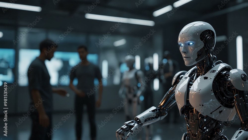 Robotic figures with AI interacting in a futuristic virtual environment. Robotic figures with AI interacting in a futuristic virtual environment.