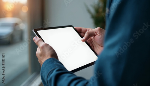 Man holding digital tablet device white screen in hand view over shoulder, tab with blank screen, tablet with blank screen, tablet white screen, tablet  mockup, tab mockup, mobile mockup, blank screen