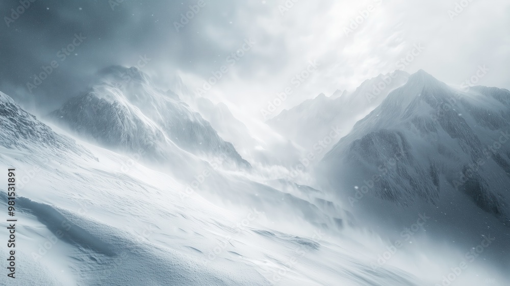 A snowy mountain range with a blizzard blowing in the background. The scene is desolate and cold, with the snow covering the ground and the mountains towering in the distance A snowy mountain range with a blizzard blowing in the background. The scene is desolate and cold, with the snow covering the ground and the mountains towering in the distance