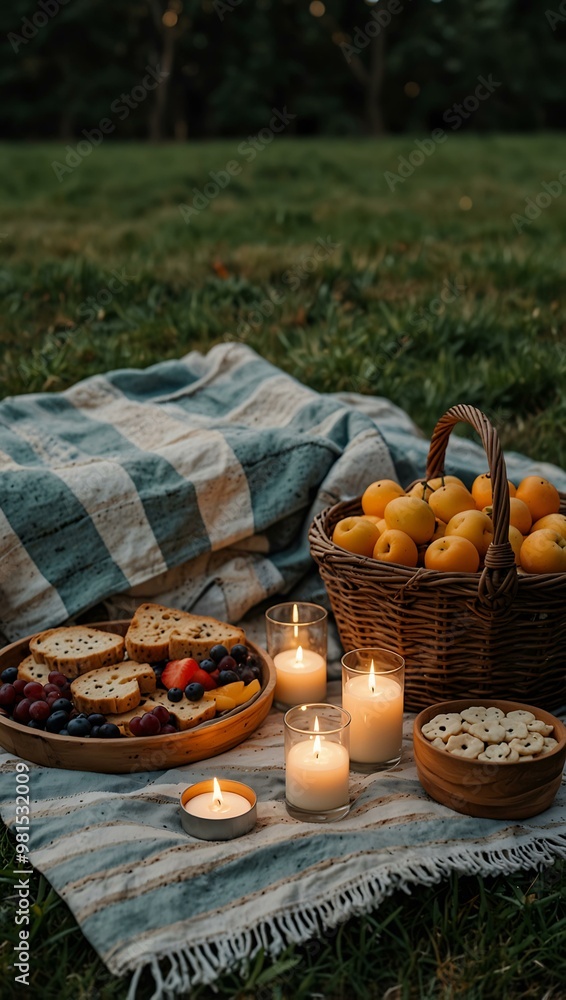 Romantic picnic scene with a blanket, candles, and snacks. Romantic picnic scene with a blanket, candles, and snacks.