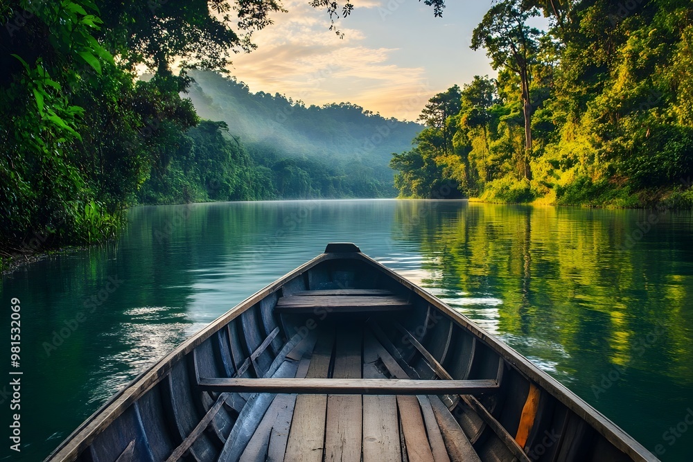 Serene Boat Ride on Tranquil Lake Surrounded by Lush Greenery Serene Boat Ride on Tranquil Lake Surrounded by Lush Greenery