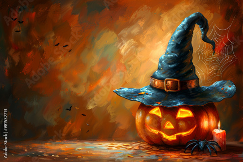 A vibrant Halloween pumpkin with a playful expression sits beside a flickering candle. It wears a blue witch hat adorned with a spider web, creating a festive atmosphere altogether. Copy space photo