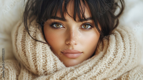 Close-up portrait of a woman wrapped in a chunky knit scarf, with soft natural makeup and expressive brown eyes.