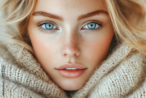 Close-up portrait of a woman in a cozy knit sweater, highlighting her blue eyes and natural beauty in soft, warm light.