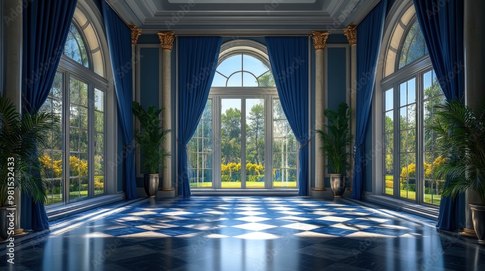 Elegant room with arched windows, blue drapes, and a checkered floor. Elegant room with arched windows, blue drapes, and a checkered floor.