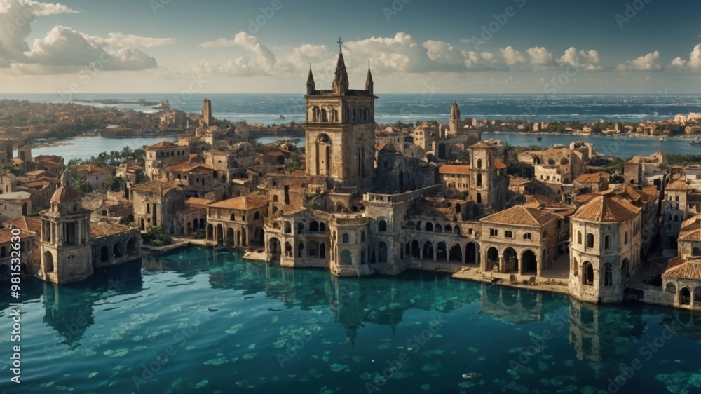 Fototapeta premium The lost city of Atlantis, now beneath the waves, showcases traces of its faded beauty and grandeur