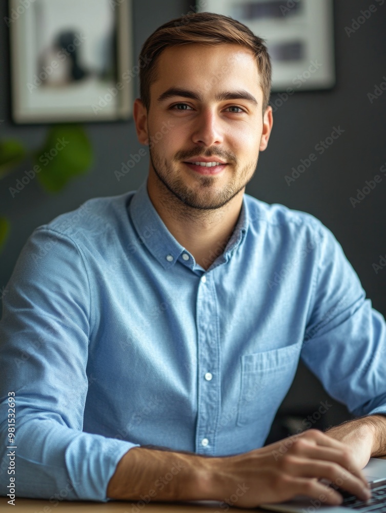 Smiling Man in Blue Shirt, Sitting at Desk with Laptop Smiling Man in Blue Shirt, Sitting at Desk with Laptop