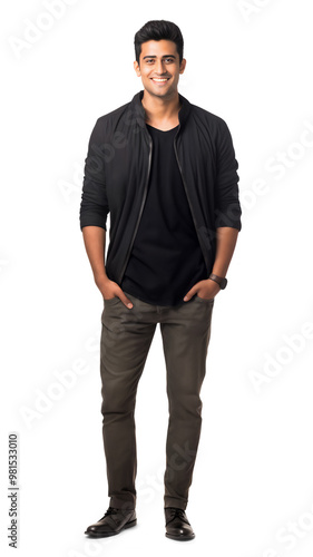 Full-body portrait of smiling young Indian or Arabian man in casual outfit with hands in pockets isolated on transparent background. Confident and friendly pose. Design element for ads and media