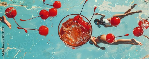 Playful collage of synchronized divers with splashing drinks and cherries, creating a vibrant scene. photo