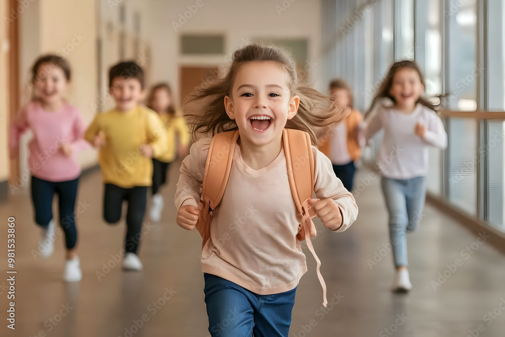 Obraz premium Happy Children Running in a School Hallway | Excitement and Joy of School Life