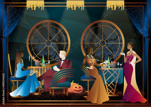 Retro Halloween party flyer. Retro couple, man and woman, characters in 30s-40s style. Day of the Dead concept