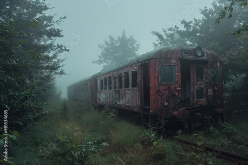 Derailed train, abandoned in the midst of a dense forest, The eerie stillness of a derailed train, abandoned and forgotten photo