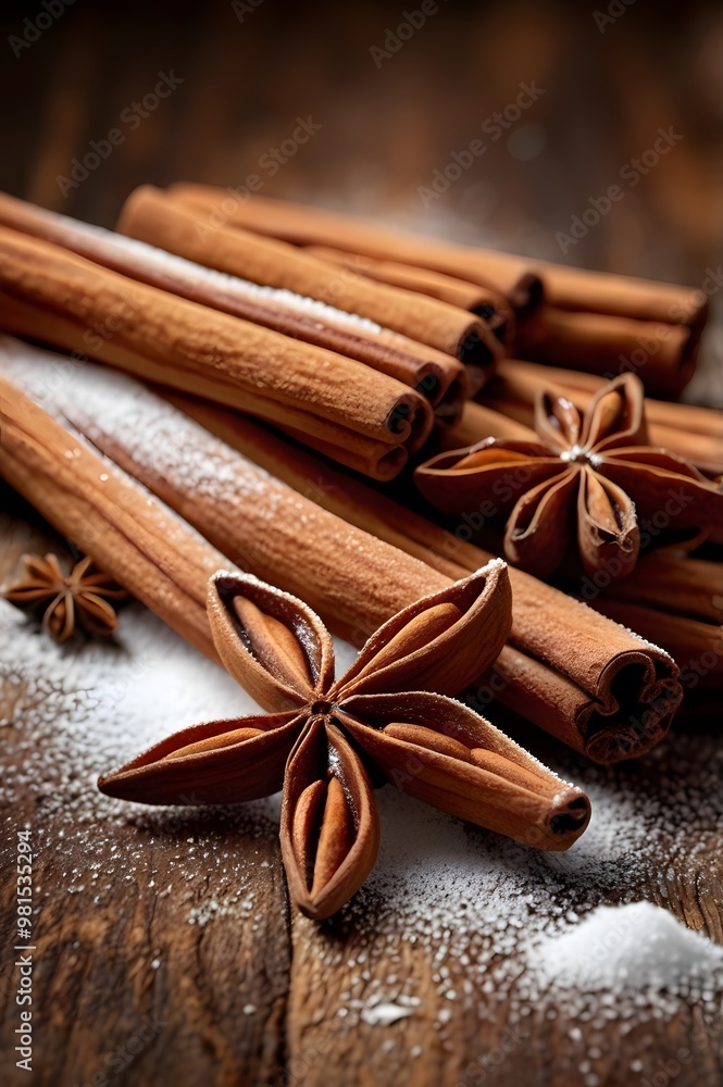 Cinnamon and Anise with Powdered Sugar on Rustic Wood Cinnamon and Anise with Powdered Sugar on Rustic Wood