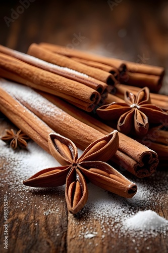 Cinnamon and Anise with Powdered Sugar on Rustic Wood