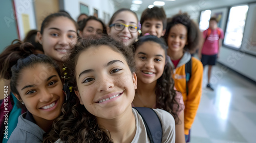 Selfie of a group of students looking at the camera smiling. Happy to be back to school