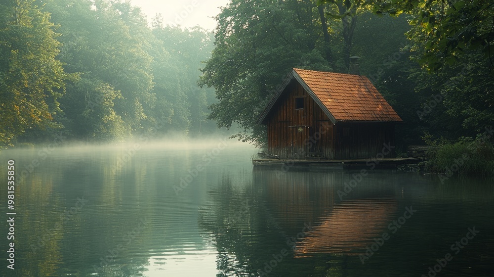 Fototapeta premium romantic old ancient wooden boat house at sea, ocean or lake coast