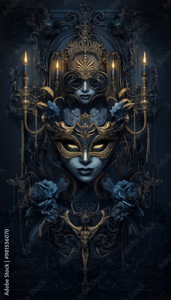 Fototapeta premium Elegant Blue and Gold Masquerade Mask with Gothic Floral Design and Candlelight