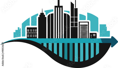 Modern city skyline with stylized black wave beneath, minimalistic urban landscape design