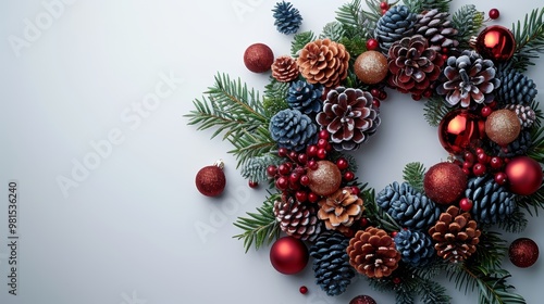 Festive Christmas Wreath with Red and Golden Details, Cones, and Ornaments on Light Background