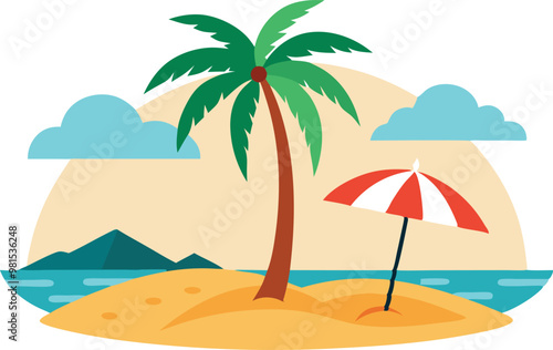 Obraz na płótnie Tropical beach scene with palm trees, sandy shore, umbrella, and blue ocean under a clear sky, summer vacation illustration w salonie