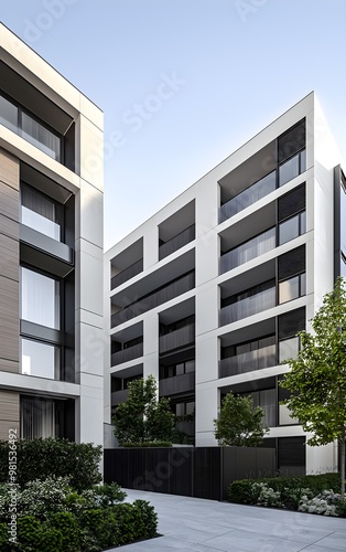 A modern residential building with sleek architecture, featuring large windows and greenery in the foreground.