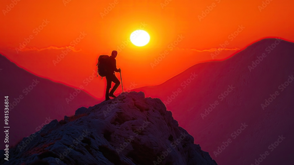 Fototapeta premium Hiker on mountaintop at sunset.
