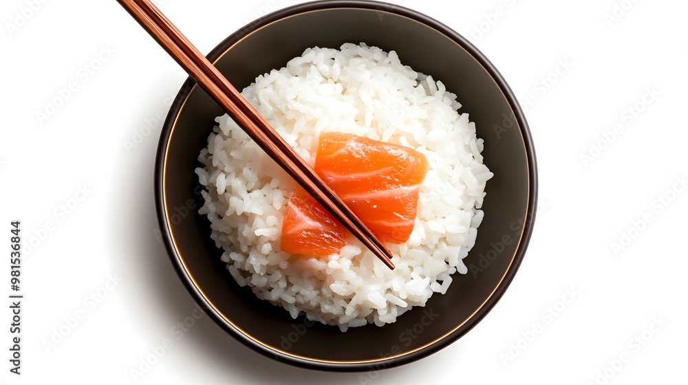 Bowl of sushi rice with salmon and chopsticks on white background Bowl of sushi rice with salmon and chopsticks on white background
