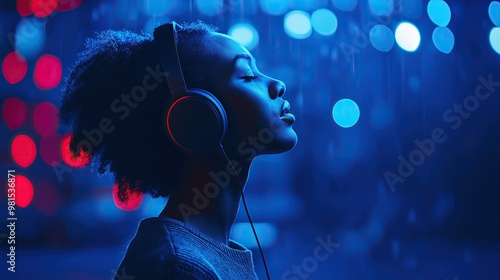 Black woman relaxing with headphones.