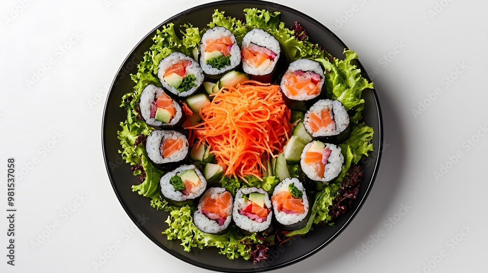 Colorful sushi platter with fresh vegetables and sashimi rolls on black plate Colorful sushi platter with fresh vegetables and sashimi rolls on black plate