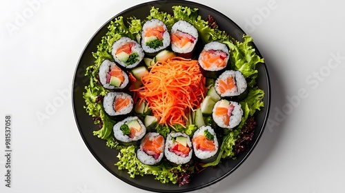 Colorful sushi platter with fresh vegetables and sashimi rolls on black plate