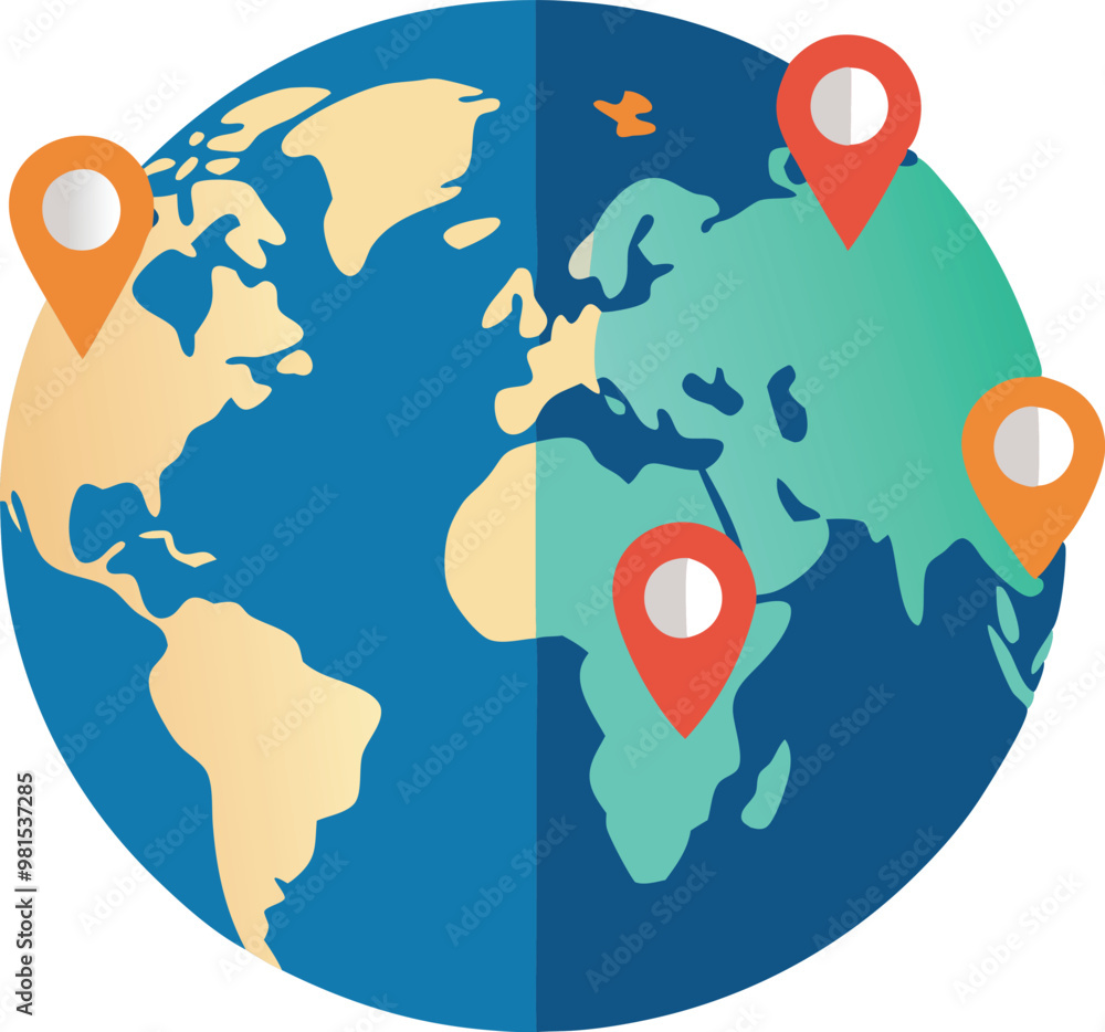 World map with location pins illustrating global connections, travel, and international reach
