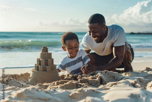 A man kneels beside a little girl feeding ducks, both sharing a joyful moment by the water, The father and son laughing joyfully while building a sandcastle on the beach photo