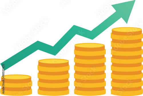 Stacked coins with a green upward arrow, representing financial growth and economic success
