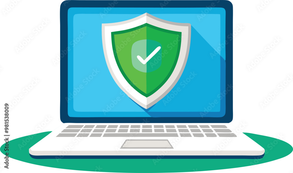 Laptop with a shield symbol emphasizing cybersecurity, data protection, and online safety in a modern digital environment. Laptop with a shield symbol emphasizing cybersecurity, data protection, and online safety in a modern digital environment.