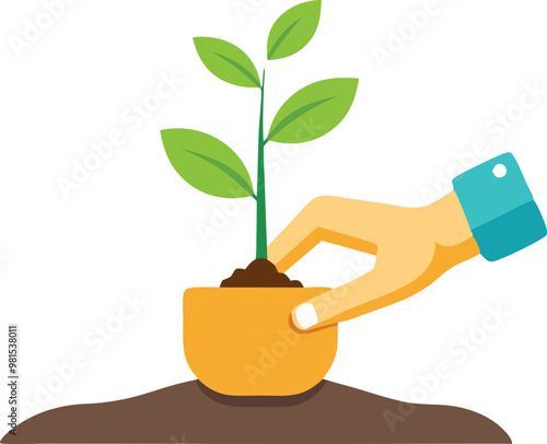 Vector illustration of a hand planting a seedling, representing growth, sustainability, and environmental conservation.