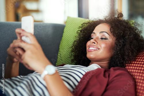 Фототапет Woman, house and happy on couch with smartphone on website for online dating