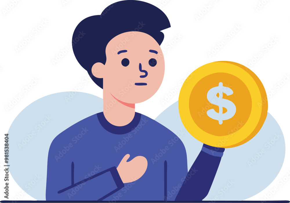Man holding a large dollar coin, representing financial success, wealth, and economic prosperity in a business context. Man holding a large dollar coin, representing financial success, wealth, and economic prosperity in a business context.