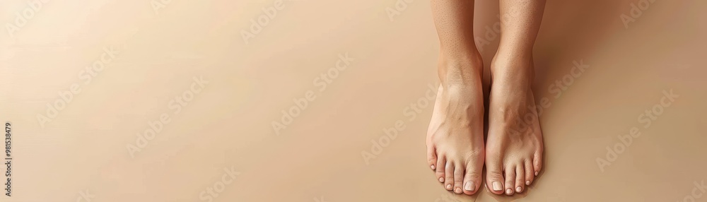 Beautiful, well-groomed feet on soft beige surface, surrounded by delicate dried flowers for a calming, natural look. Free copy space for text. Beautiful, well-groomed feet on soft beige surface, surrounded by delicate dried flowers for a calming, natural look. Free copy space for text.