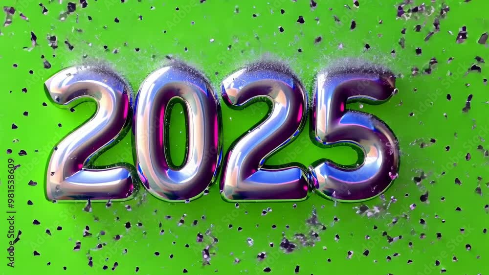 Holographic iridescent number 2025 against green chroma key background, exploding a shower of silver glitter confetti that fills the scene, ideal for new year celebrations, banners, promotions, sale Holographic iridescent number 2025 against green chroma key background, exploding a shower of silver glitter confetti that fills the scene, ideal for new year celebrations, banners, promotions, sale