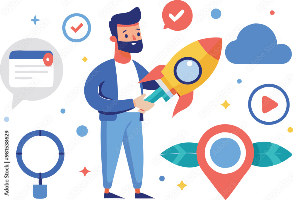 Businessman with data and location icons, symbolizing digital marketing, analysis, and strategic planning in business. Businessman with data and location icons, symbolizing digital marketing, analysis, and strategic planning in business.