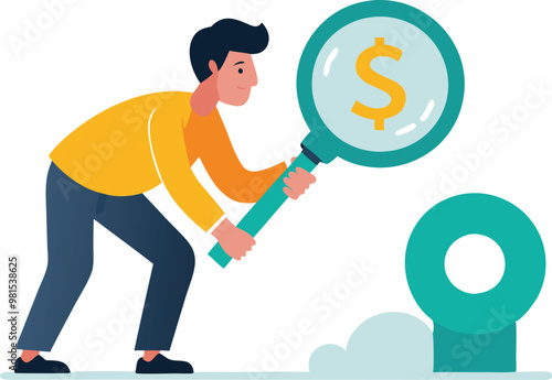 Man examining a dollar coin with a magnifying glass, symbolizing financial analysis, investment, and careful planning.