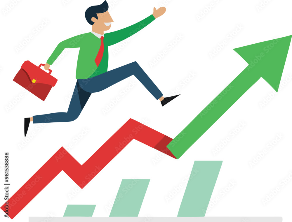 Businessman running up a bar chart, symbolizing business growth, success, and financial achievement. Businessman running up a bar chart, symbolizing business growth, success, and financial achievement.