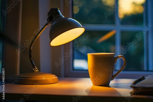 A body of water beneath a night sky filled with stars, creating a mesmerizing reflection, The glow of a desk lamp illuminating a half-filled coffee mug photo