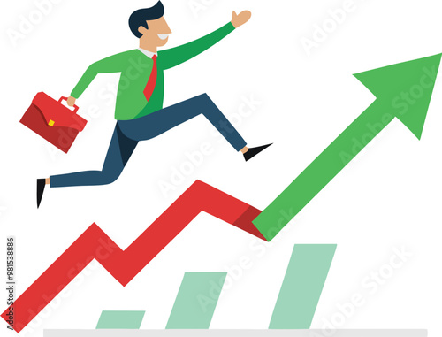 Businessman running up a bar chart, symbolizing business growth, success, and financial achievement.