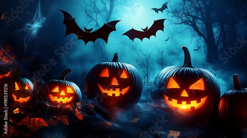 Glowing jack-o'-lanterns with flying bats on Halloween night photo