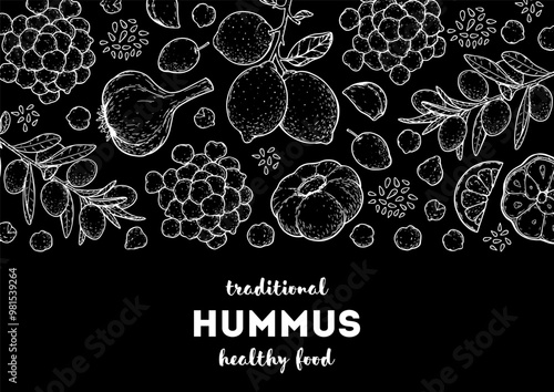 Hummus packaging design template. Cooking and ingredients for hummus. Sketch illustration. Middle eastern cuisine frame. Healthy food recipe, design elements. Hand drawn, package design