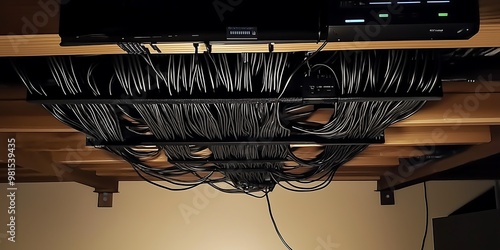 Organized bundle of black cables managed neatly under desk photo