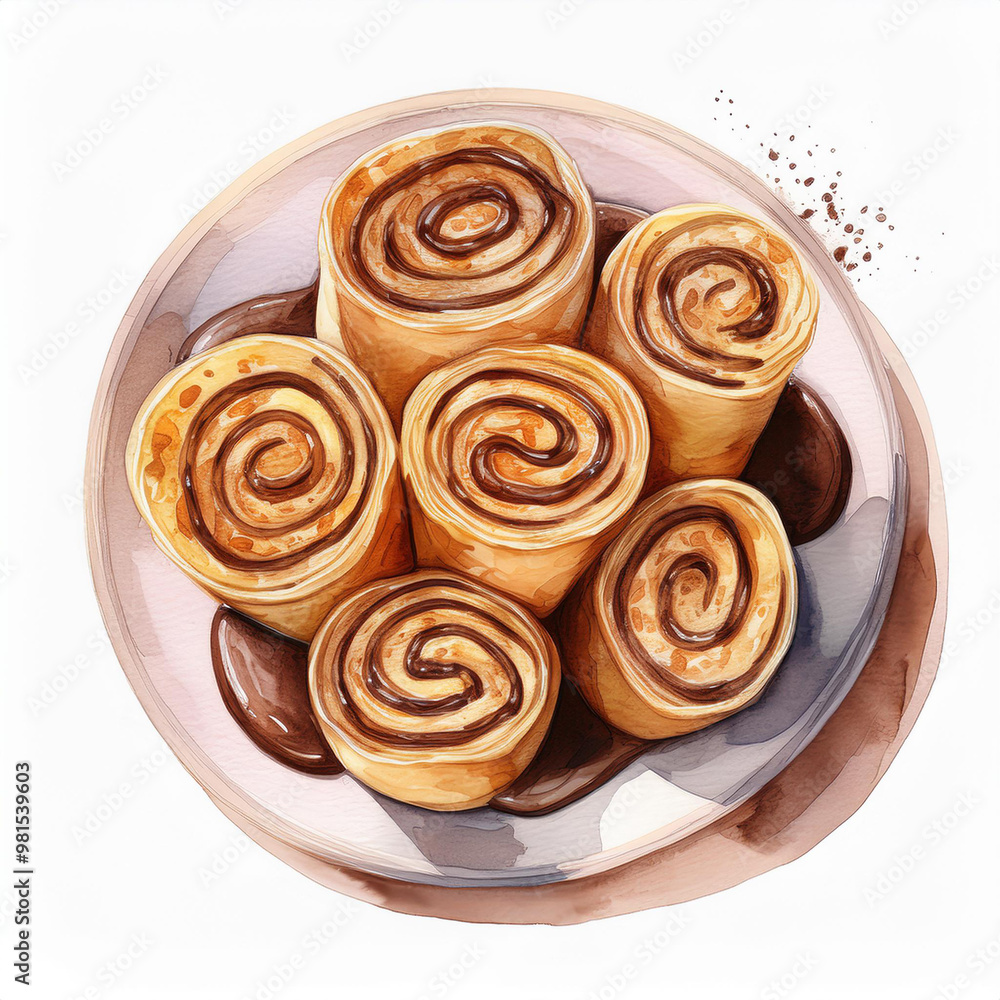 Watercolor painting of delicious rolled pancakes filled with chocolate paste. Sweet food. Tasty snack Watercolor painting of delicious rolled pancakes filled with chocolate paste. Sweet food. Tasty snack